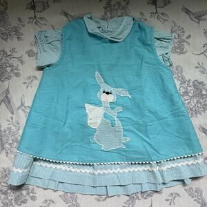 Vtg Appliqué Bunny Dress Layered Turquoise Blue Stripes Collar Girls 4T XS
